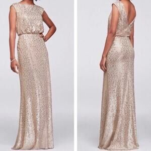 David's Bridal Gown Medium Womens Gold Sequin Long Formal Wedding Party Dress